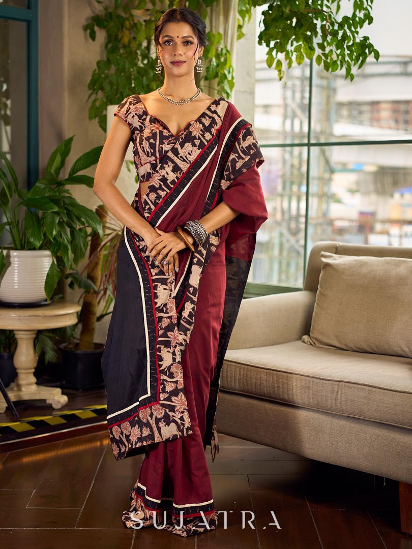 Classic Maroon-Black Dual-Tone Cotton Saree with Kalamkari Border & Pallu