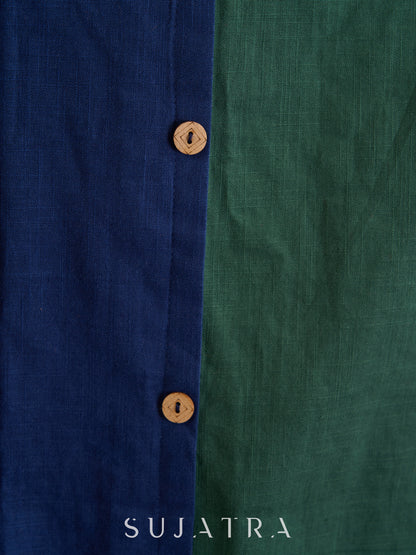Striking Navy Blue & Green Dual-Tone Kurta with Contrasting Pink Collar