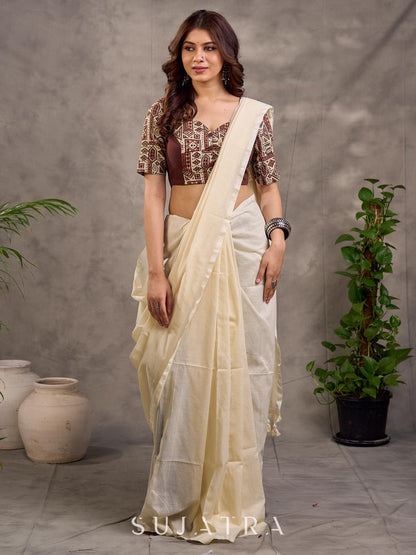 Brown and Beige Geometric Print Blouse with Elbow Sleeves and Sweetheart Neckline