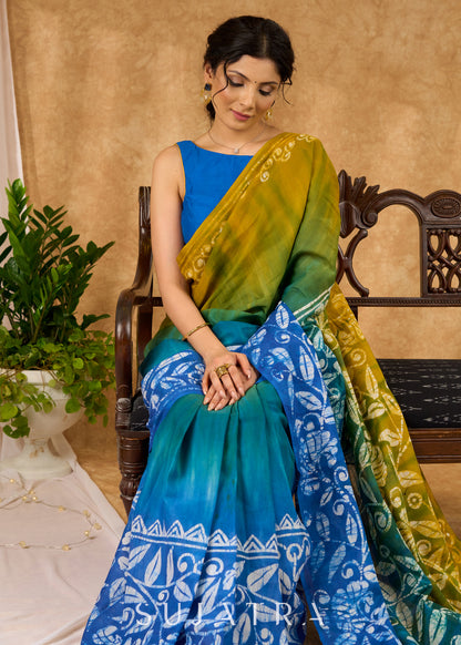 Vibrant Hand Batik Floral Ombre Effect Designer Cotton Saree