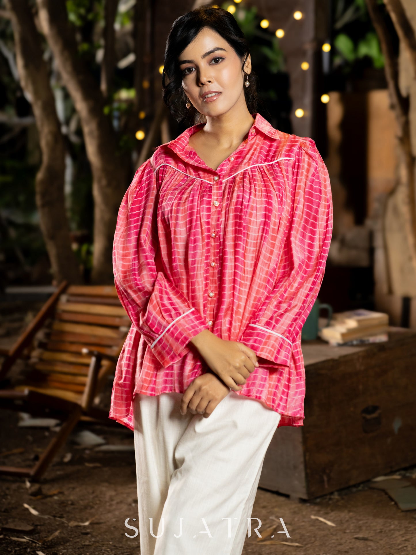 Playful Pink Tie-Dye Viscose Gathered Shirt with Crisp White Piping