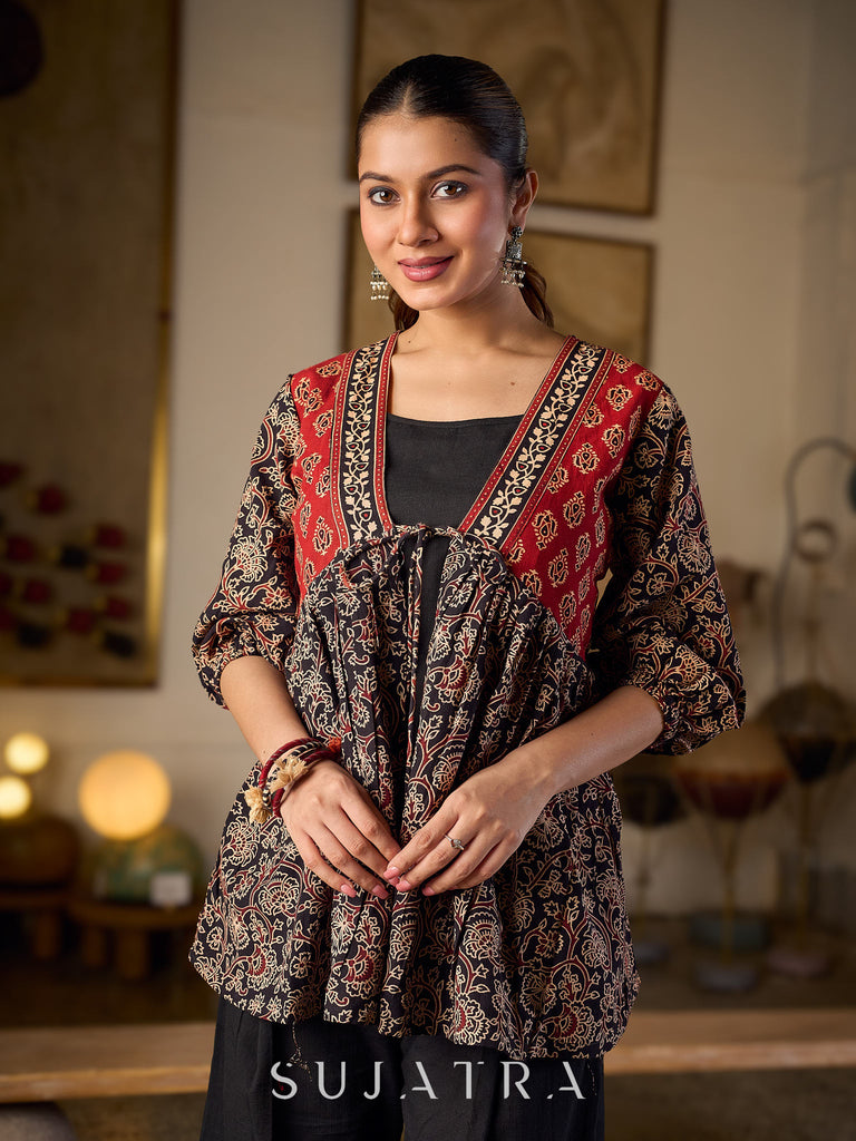 Graceful Ajrakh Printed Tie-Front Gathered Top With Elegant V Neckline And Softly Gathered Sleeves