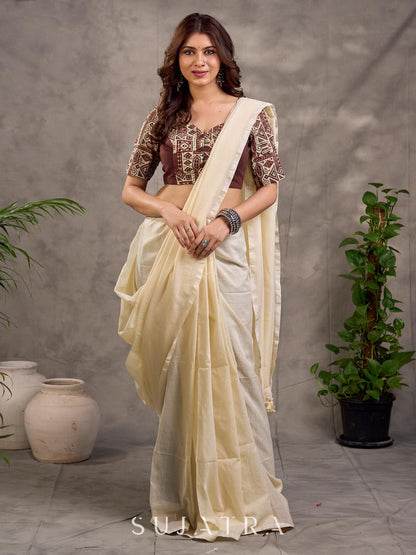 Brown and Beige Geometric Print Blouse with Elbow Sleeves and Sweetheart Neckline