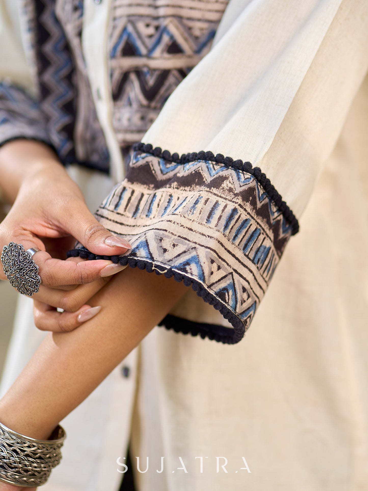 Ivory Heritage Cotton Flex Shirt with Traditional Geometric Kalamkari Prints