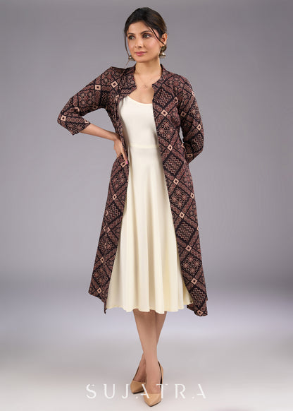 Mystic Charcoal Long Ajrakh Print Jacket - Dress optional