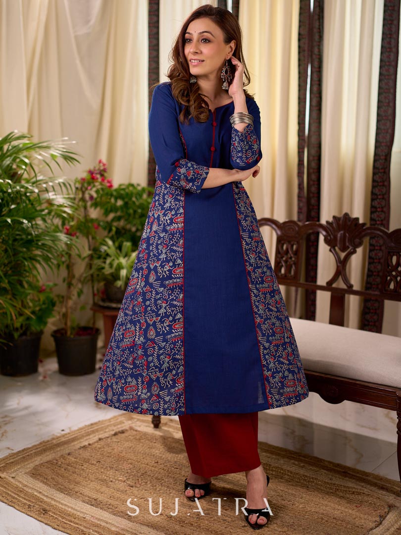 Solid Navy Blue Cotton Princess Panel A-line Kurta with Ethnic Warli Print