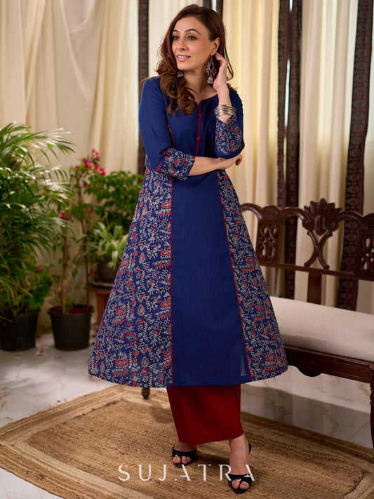 Solid Navy Blue Cotton Princess Panel A-line Kurta with Ethnic Warli Print