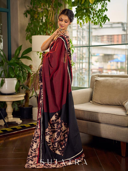 Classic Maroon-Black Dual-Tone Cotton Saree with Kalamkari Border & Pallu
