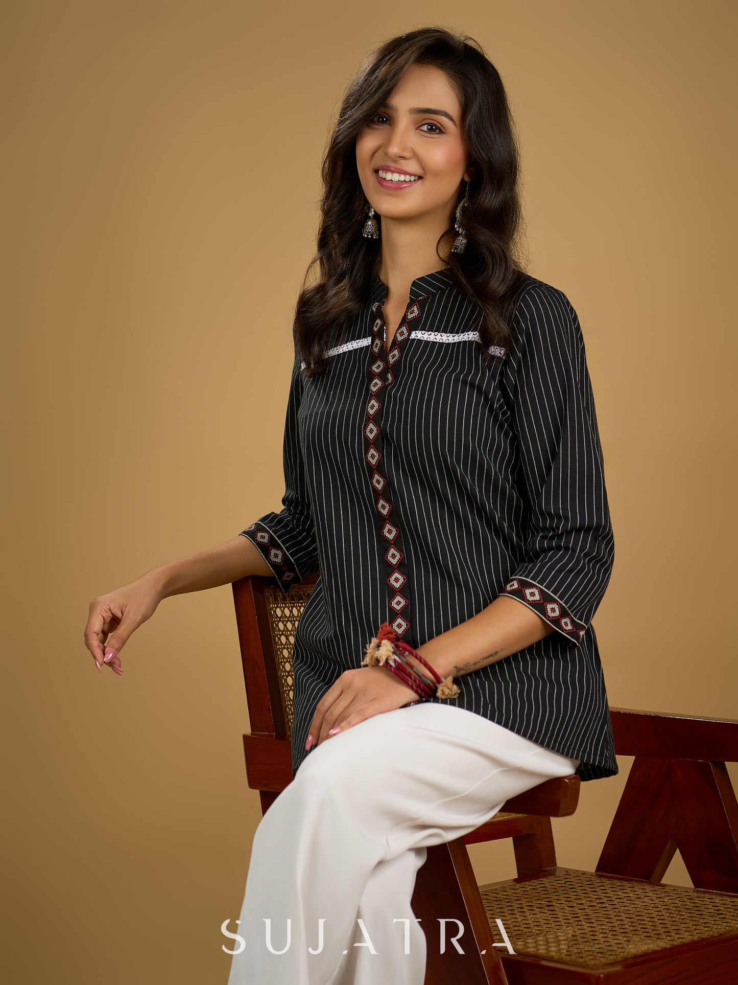 Classy black cotton ikat top with stylish lace details