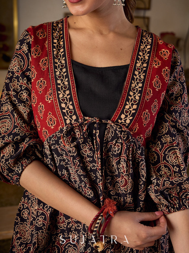 Graceful Ajrakh Printed Tie-Front Gathered Top With Elegant V Neckline And Softly Gathered Sleeves