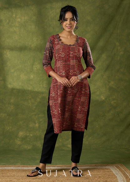 Maroon Scallop Neck Cotton Ajrak Kurta - Pant Optional