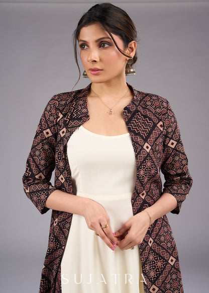 Mystic Charcoal Long Ajrakh Print Jacket - Dress optional