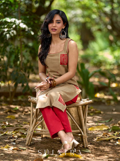 Minimal Beige Cotton Sleeveless Kurta with Artistic Red Hand Block Print