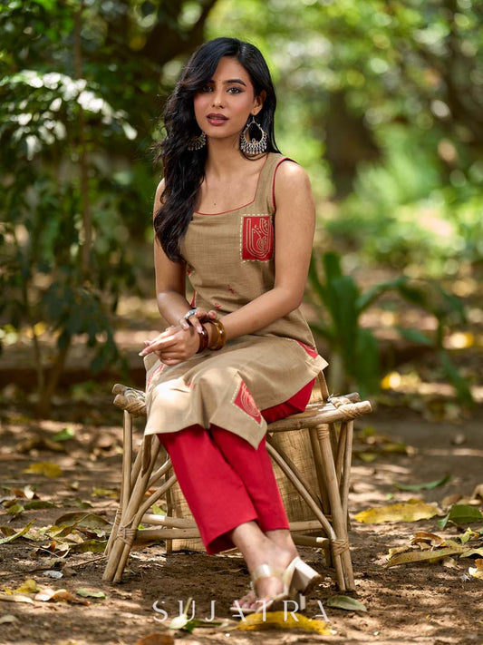 Minimal Beige Cotton Sleeveless Kurta with Artistic Red Hand Block Print