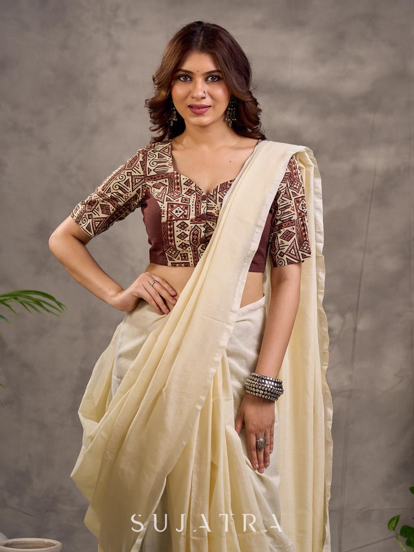 Brown and Beige Geometric Print Blouse with Elbow Sleeves and Sweetheart Neckline