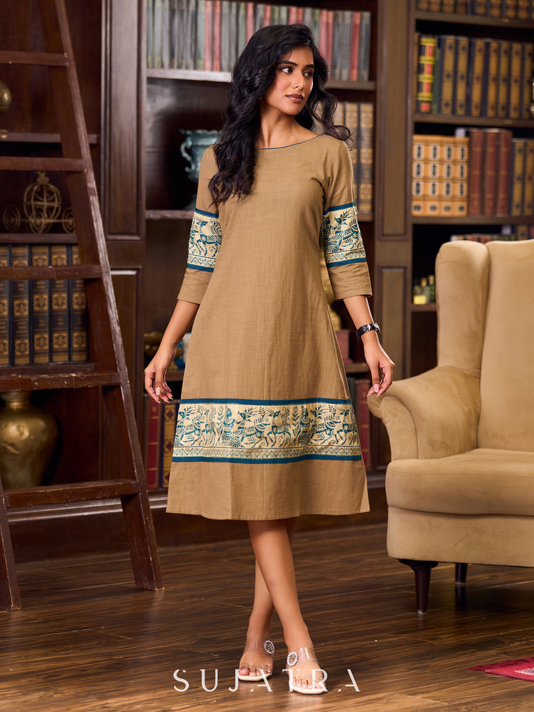 Elegant Beige Cotton A-Line Dress Adorned with Madhubani Border Detailing on Hem and Cuffs