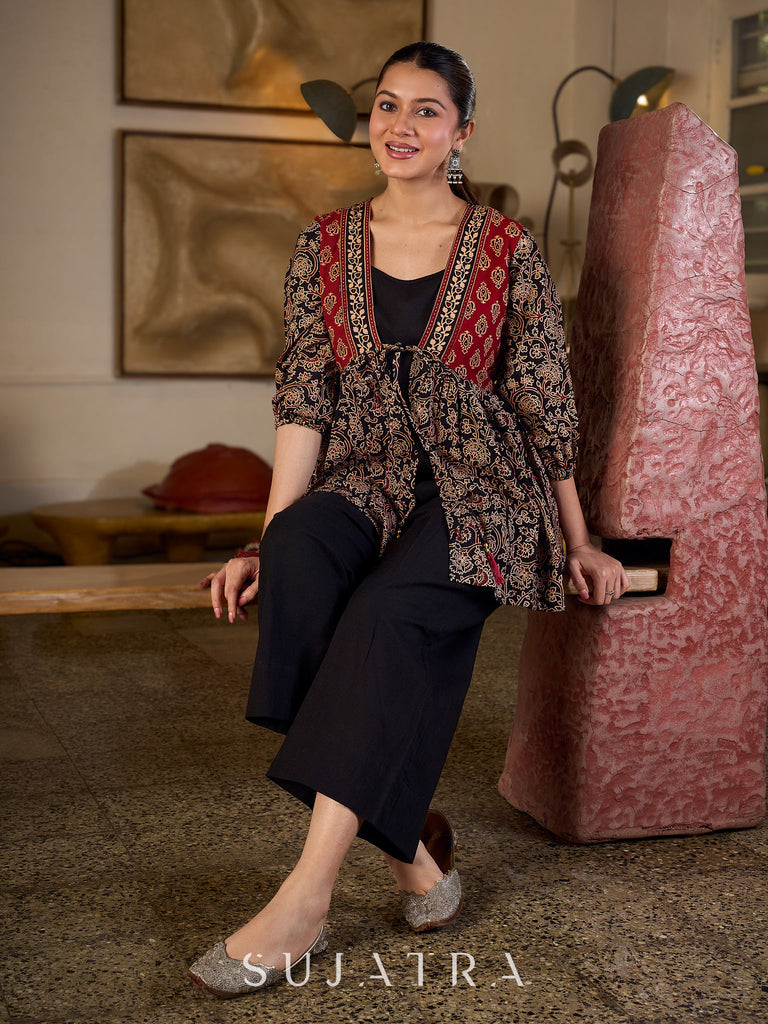 Graceful Ajrakh Printed Tie-Front Gathered Top With Elegant V Neckline And Softly Gathered Sleeves