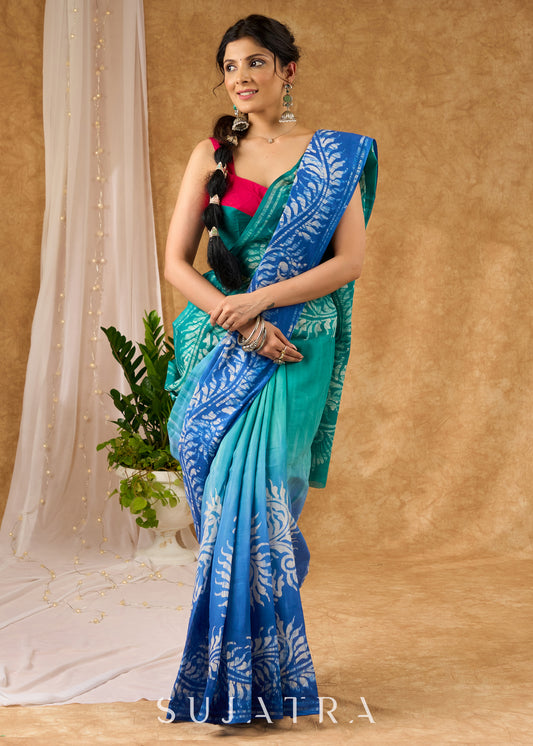 Unique Blue Ombre-Effect Designer Cotton Saree Featuring Authentic Hand-Done Batik Work