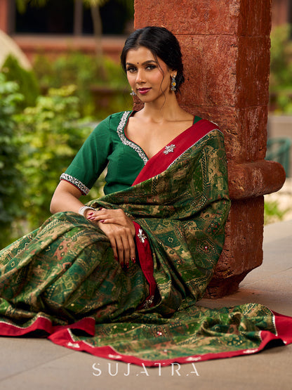 Sophisticated Dark Green Viscose Printed Saree with Diamond-Studded Border & Pallu