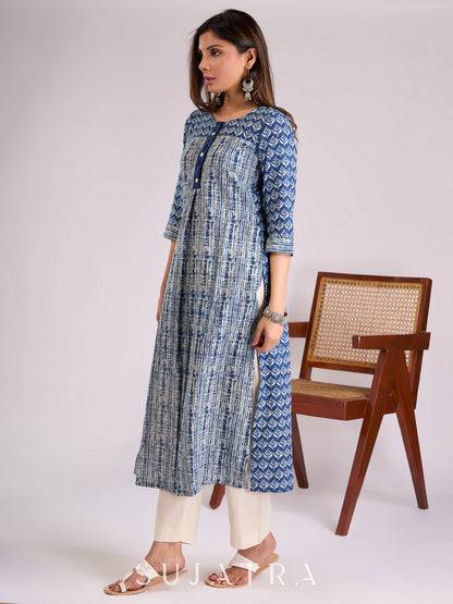 Indigo Kurta with Elegant Geometric & Floral Prints