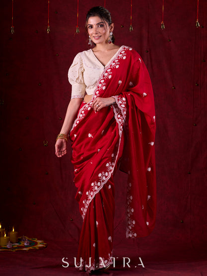 Ruby Red Chanderi Saree Adorned with All-Over Butta & Exquisite Embroidered Border