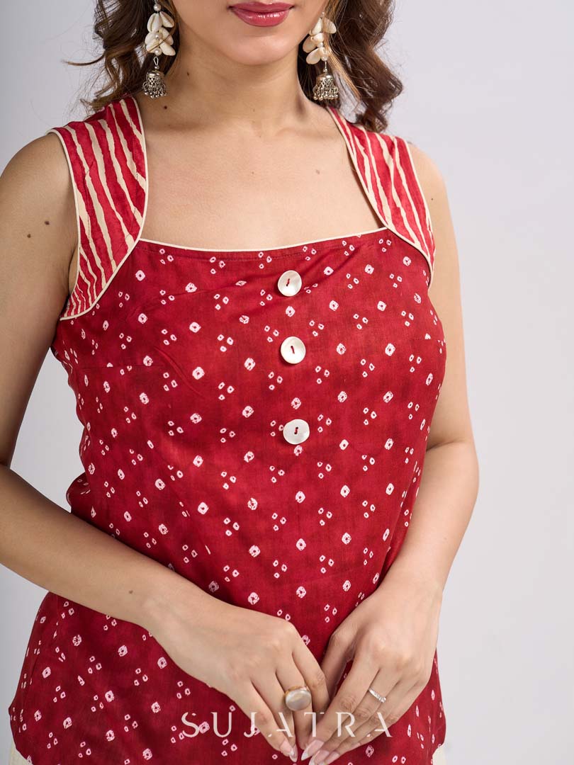 Red Cotton Indo Western Top with Bandhani Print and Button Detail - Pant Optional