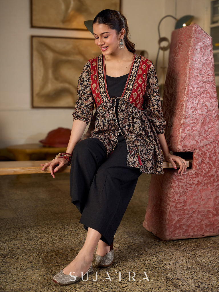Graceful Ajrakh Printed Tie-Front Gathered Top With Elegant V Neckline And Softly Gathered Sleeves
