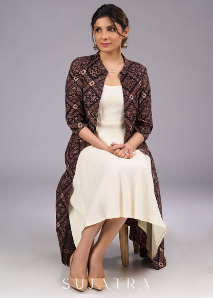 Mystic Charcoal Long Ajrakh Print Jacket - Dress optional