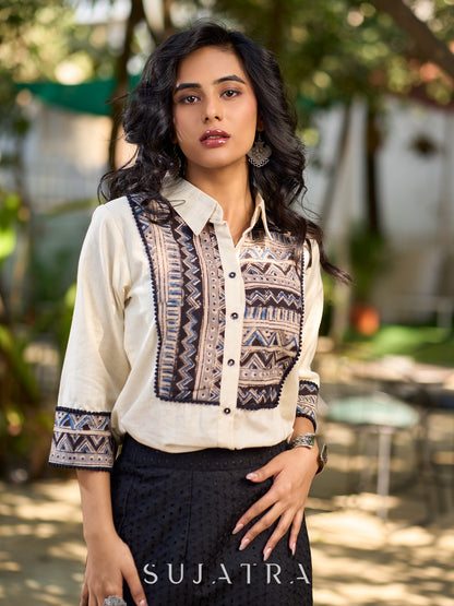 Ivory Heritage Cotton Flex Shirt with Traditional Geometric Kalamkari Prints