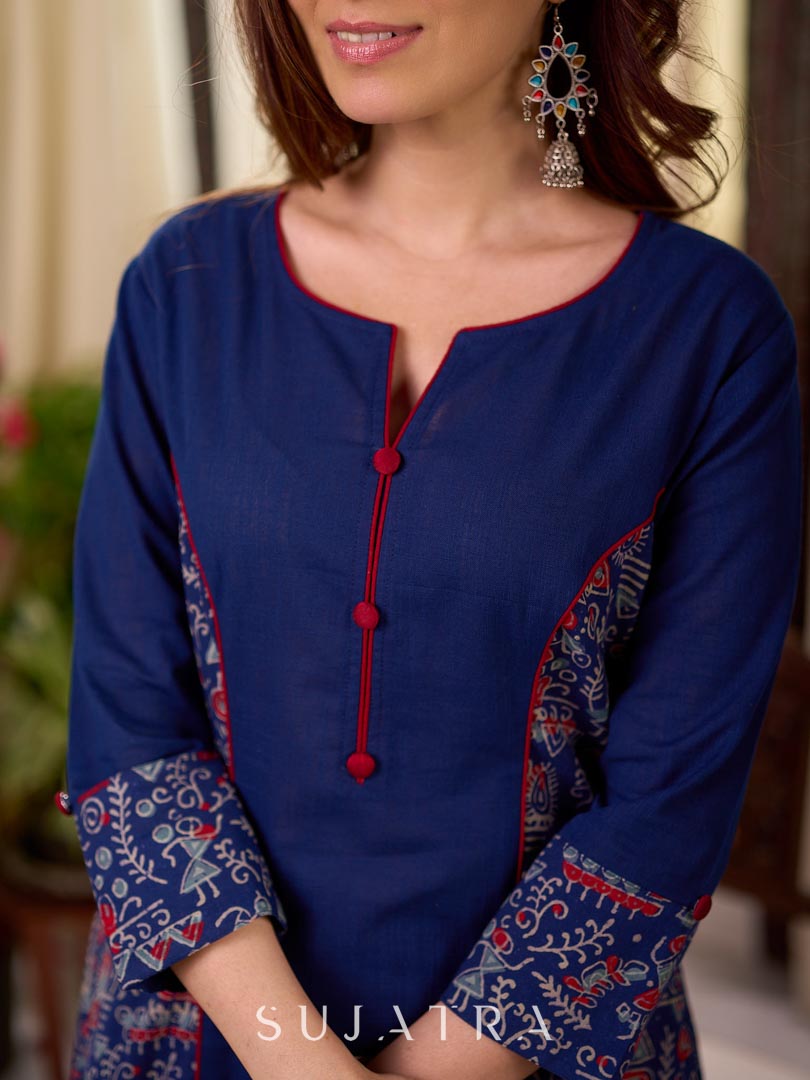 Solid Navy Blue Cotton Princess Panel A-line Kurta with Ethnic Warli Print