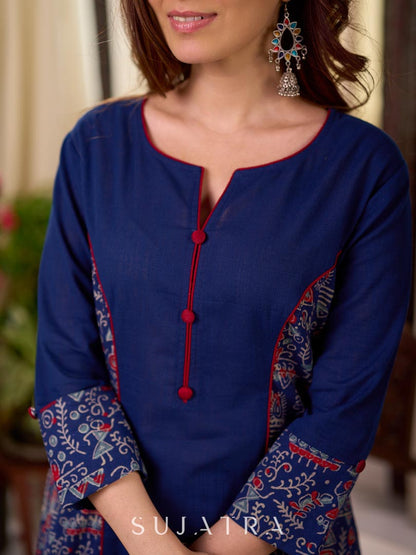 Solid Navy Blue Cotton Princess Panel A-line Kurta with Ethnic Warli Print