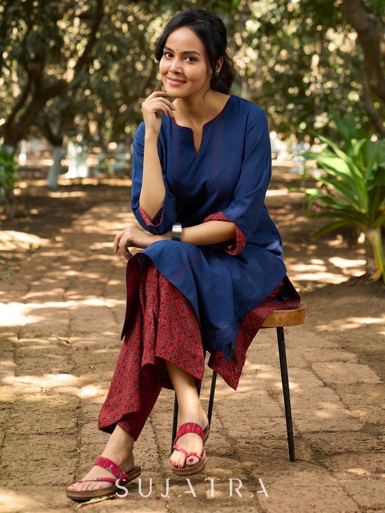 Indigo Charm Handcrafted Cotton Kurta with Contrast Kantha Lines, Contrast Piping & Ajrakh Interfacing
