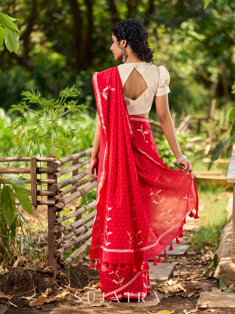 Striking Red Cotton Saree with Minimal Floral & Polka Print