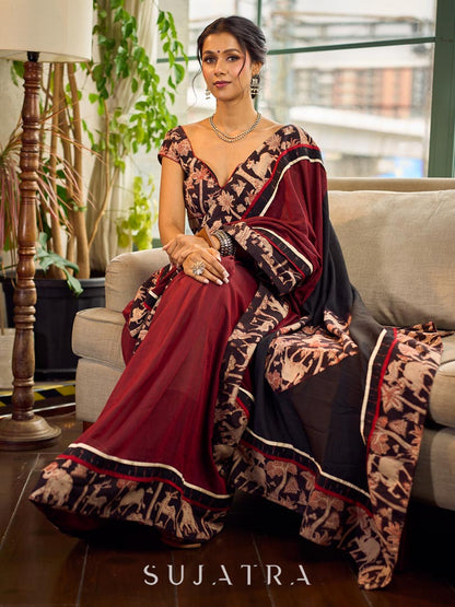 Classic Maroon-Black Dual-Tone Cotton Saree with Kalamkari Border & Pallu