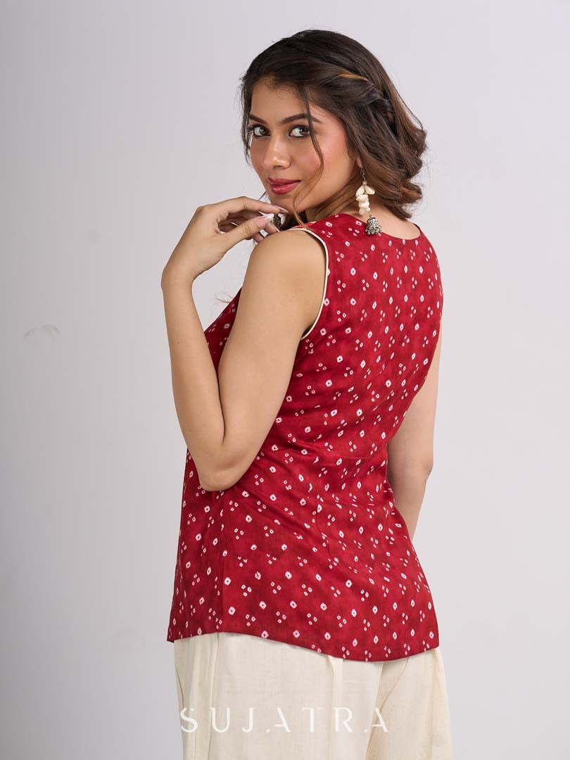 Red Cotton Indo Western Top with Bandhani Print and Button Detail