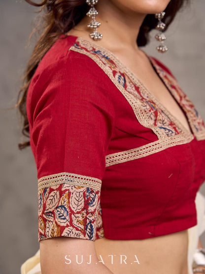 Maroon Cotton Short Sleeve Blouse with Kalamkari Printed Neckline and Sleeve Border Detail
