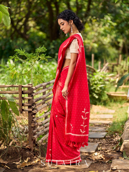 Striking Red Cotton Saree with Minimal Floral & Polka Print