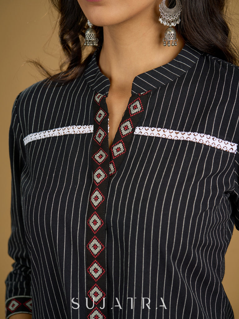 Classy black cotton ikat top with stylish lace details