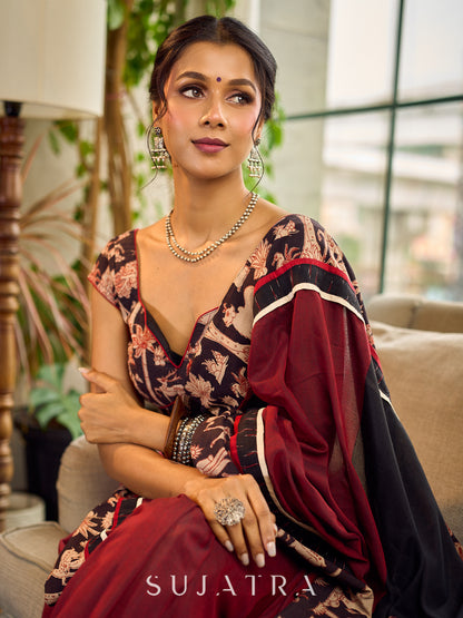 Classic Maroon-Black Dual-Tone Cotton Saree with Kalamkari Border & Pallu