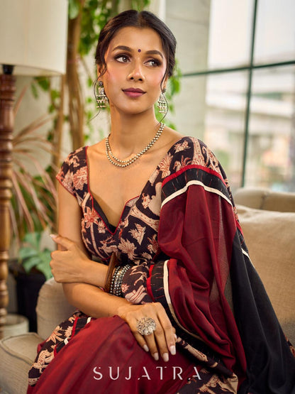 Classic Maroon-Black Dual-Tone Cotton Saree with Kalamkari Border & Pallu