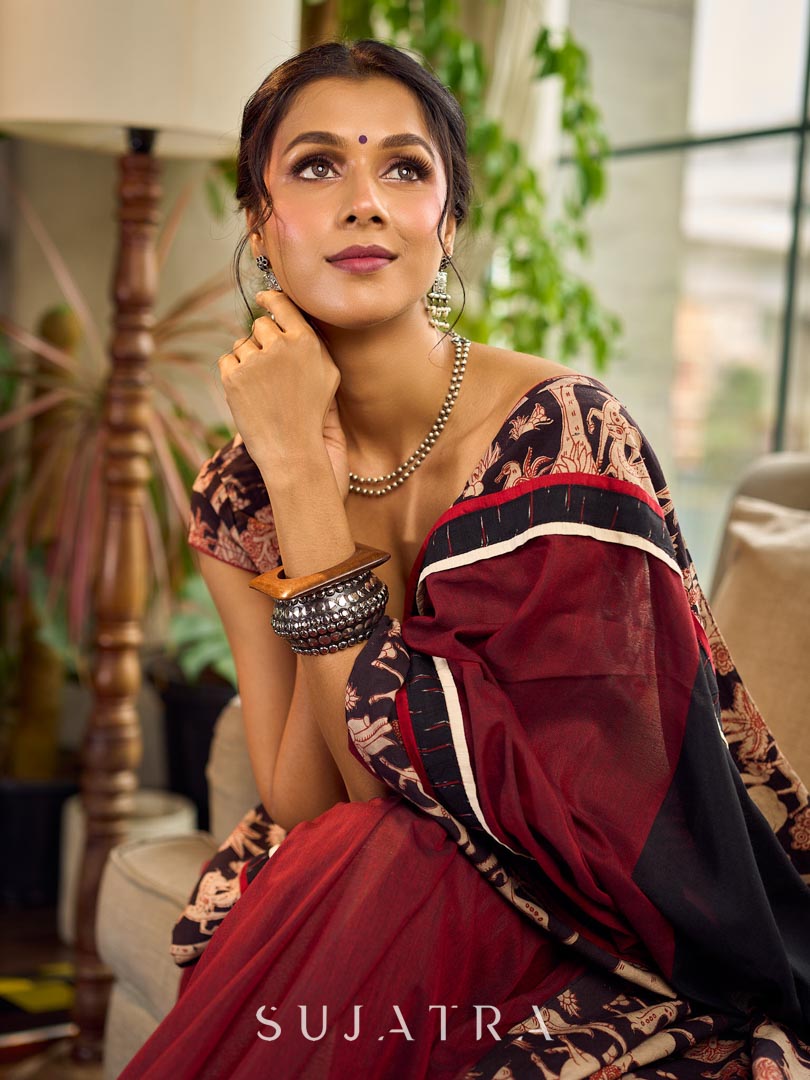 Classic Maroon-Black Dual-Tone Cotton Saree with Kalamkari Border & Pallu
