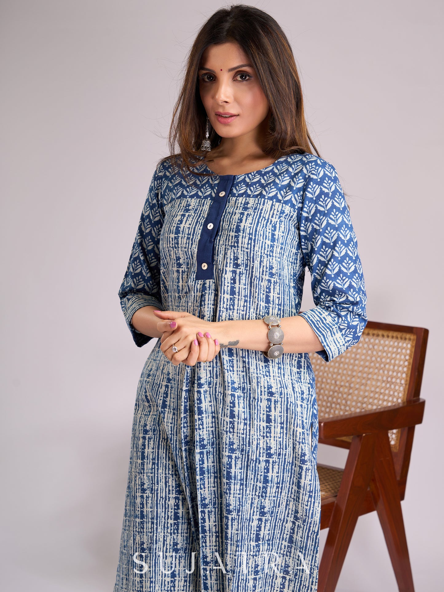 Indigo Kurta with Elegant Geometric & Floral Prints