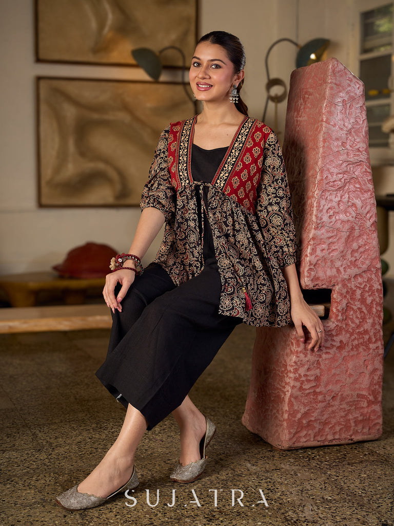 Graceful Ajrakh Printed Tie-Front Gathered Top With Elegant V Neckline And Softly Gathered Sleeves
