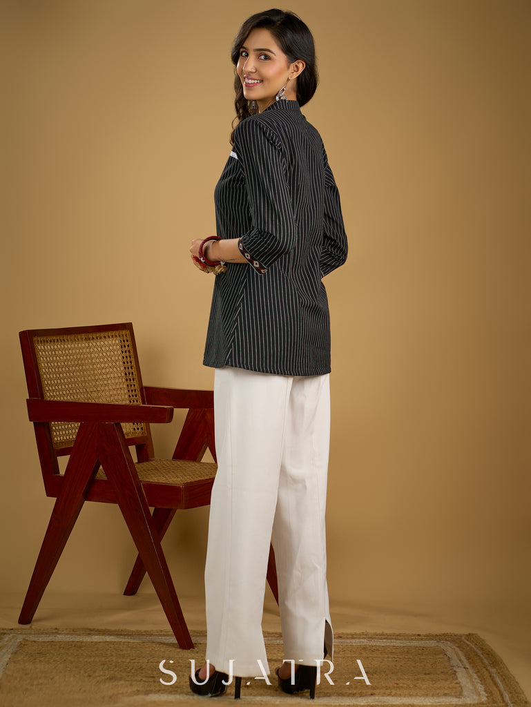 Classy black cotton ikat top with stylish lace details