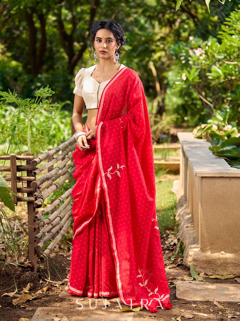 Striking Red Cotton Saree with Minimal Floral & Polka Print