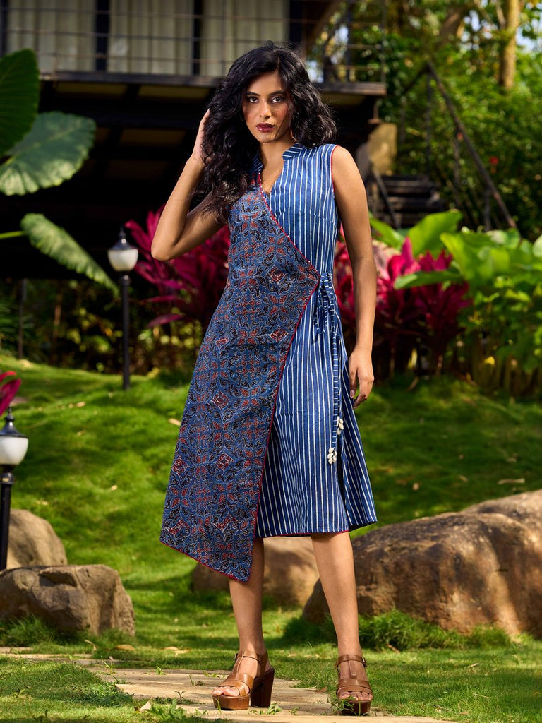 Elegant Ajrakh and Striped Indigo Cotton Wrap Dress with Tie-Up Accents