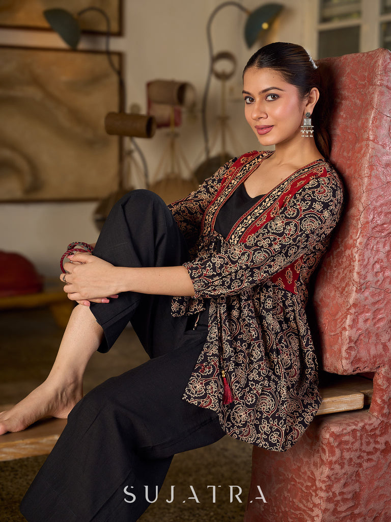 Graceful Ajrakh Printed Tie-Front Gathered Top With Elegant V Neckline And Softly Gathered Sleeves
