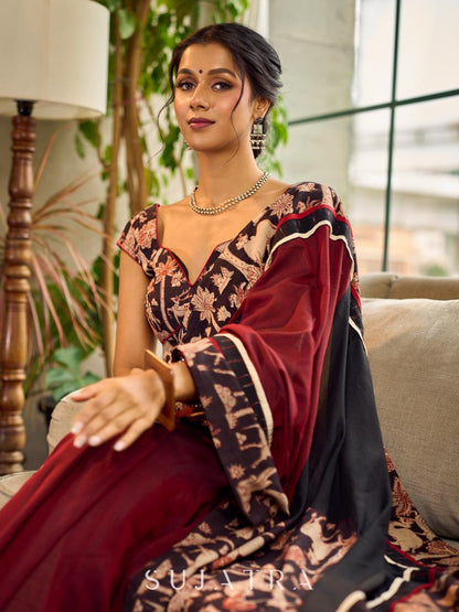 Classic Maroon-Black Dual-Tone Cotton Saree with Kalamkari Border & Pallu