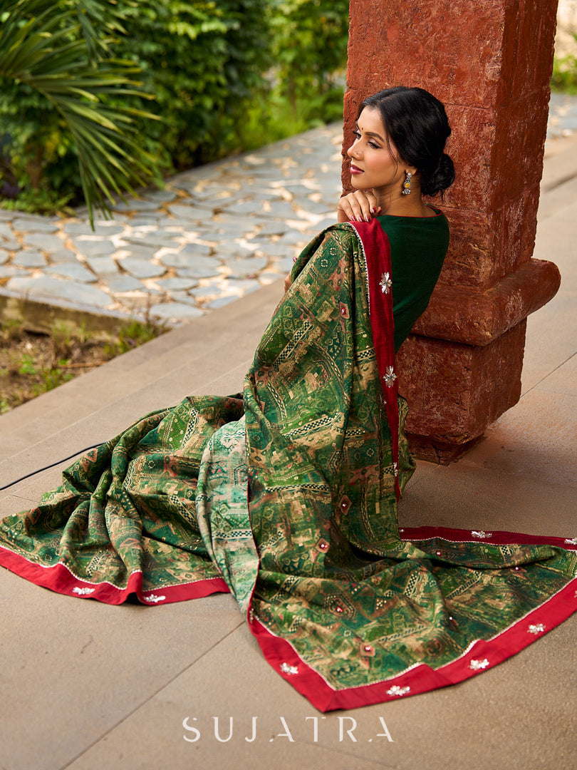 Sophisticated Dark Green Viscose Printed Saree with Diamond-Studded Border & Pallu