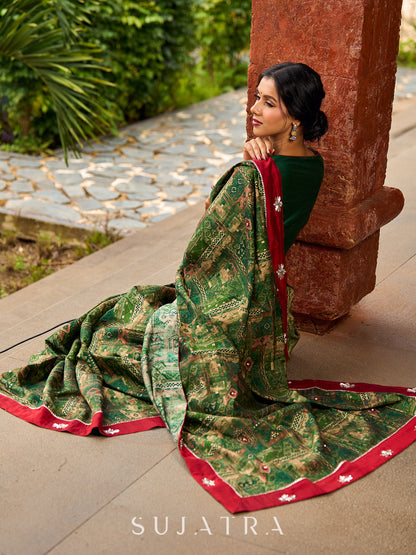 Sophisticated Dark Green Viscose Printed Saree with Diamond-Studded Border & Pallu
